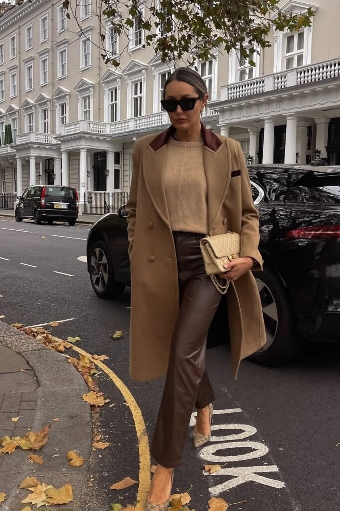 Camel Coat with Contrast Collar + Camel Knit Sweater + Brown Leather Pants + Beige Chanel Flap Bag + Snakeskin Pumps