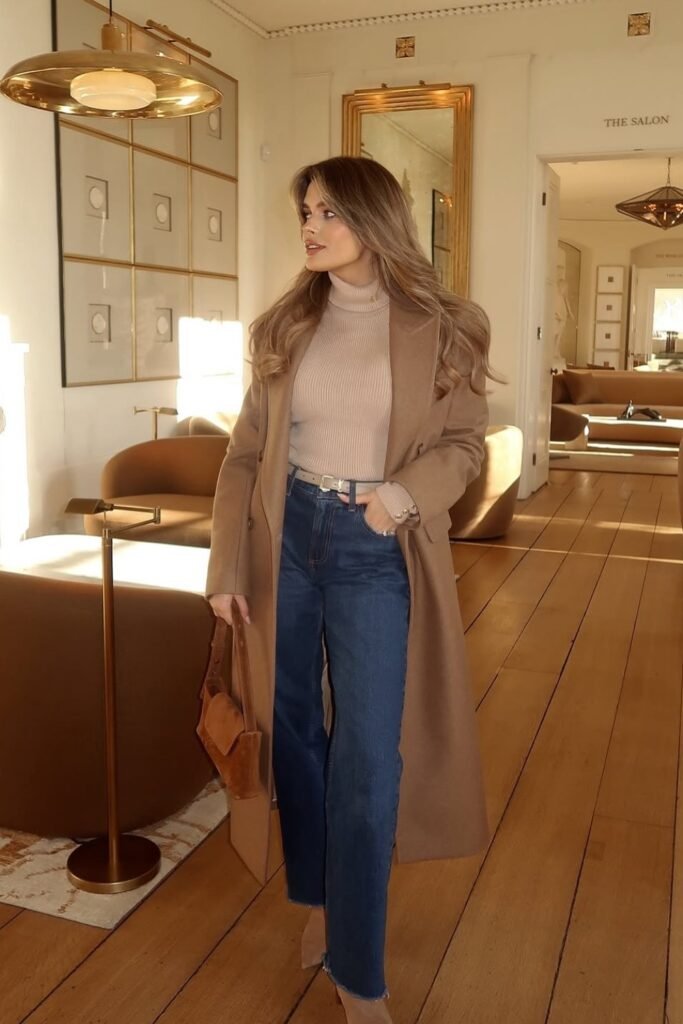 Camel Long Coat + Beige Ribbed Turtleneck + Blue Straight Jeans + Brown Suede Bag