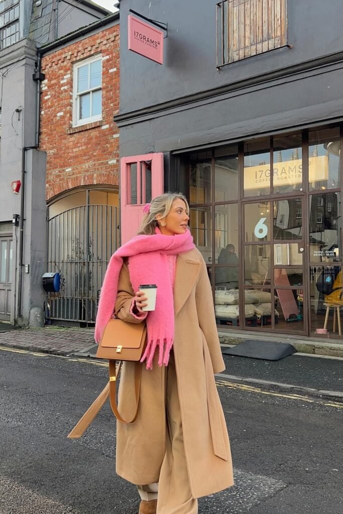 Camel Long Coat + Camel Trousers + Pink Oversized Scarf + Tan Crossbody Bag