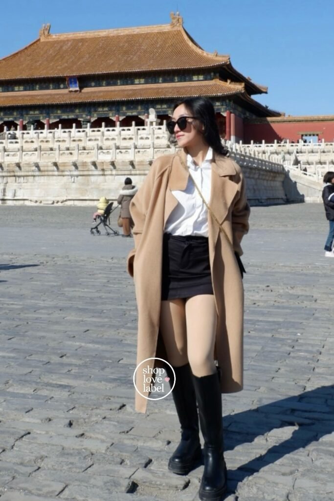 Camel Long Coat + White Shirt & Black Mini Skirt + Black Knee-High Boots
