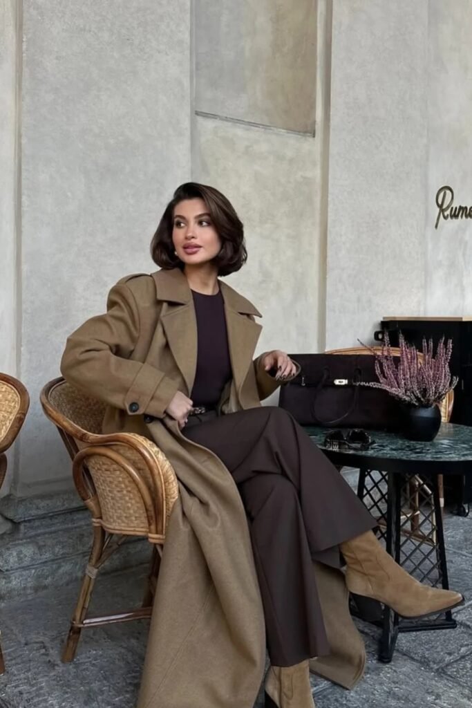 Camel Longline Coat + Brown Knit Top + Brown Wide-Leg Pants + Suede Camel Boots + Dark Brown Tote