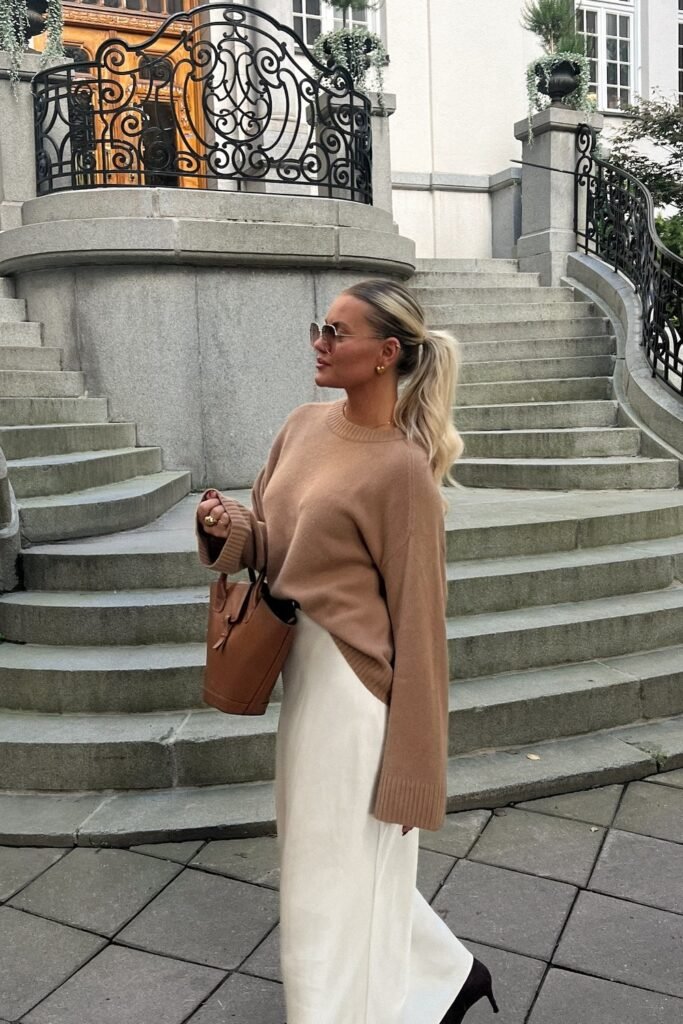 Camel Oversized Sweater + White Maxi Skirt + Brown Tote Bag + Black Heels