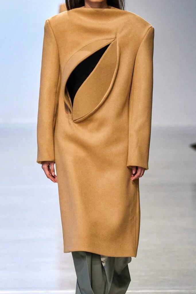 Camel Sculptural Cut-Out Coat + Sage Tailored Trousers + Pointed Heels