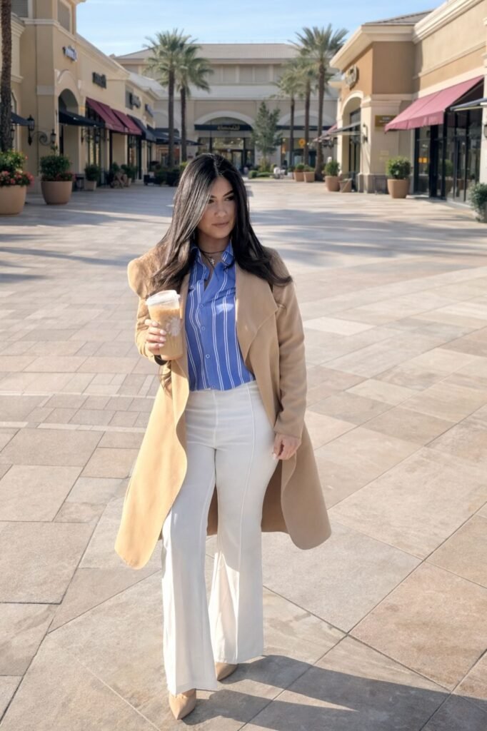 Camel Trench Coat + Blue and White Striped Button-Down + White Flare Trousers + Tan Pointed-Toe Heels