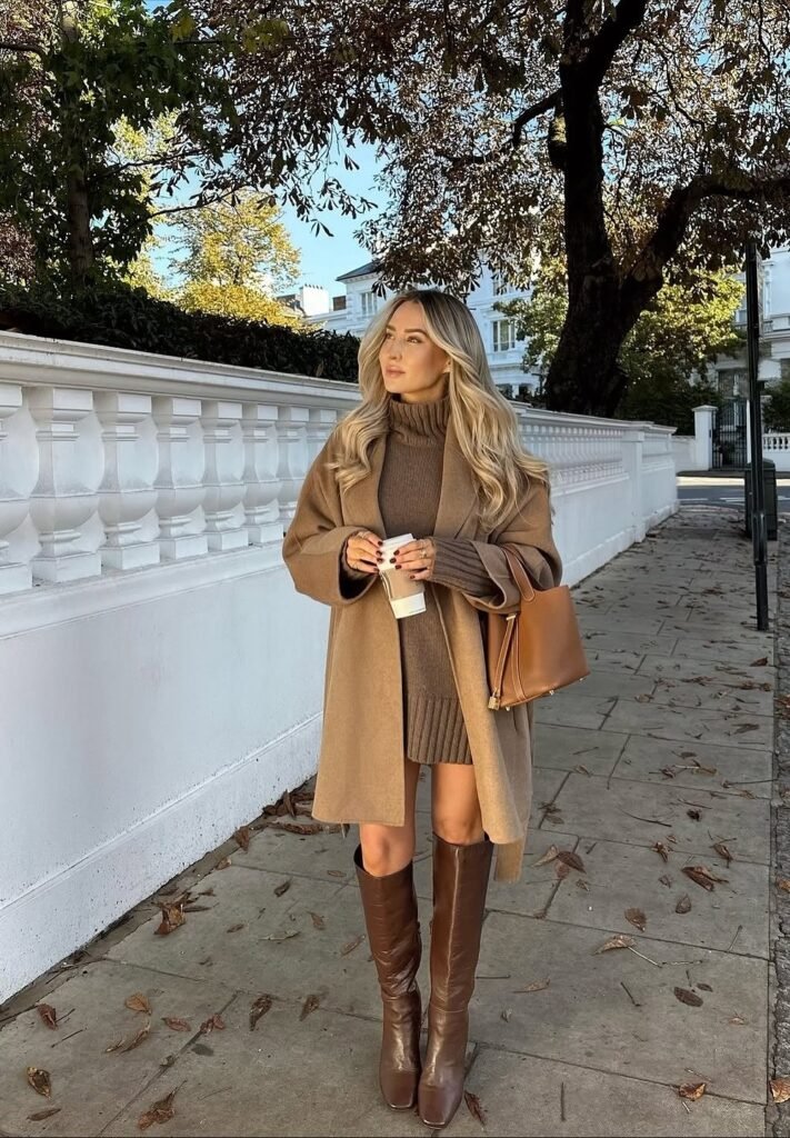 Camel Wool Coat + Brown Knit Mini Dress + Tall Brown Leather Boots + Large Brown Tote + Coffee Cup