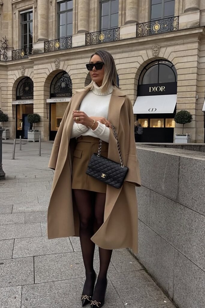 Camel Wool Coat + White Turtleneck Knit + Camel Mini Skirt + Sheer Black Tights + Black Chanel Flap Bag + Black Heels with Gold Chain Detail