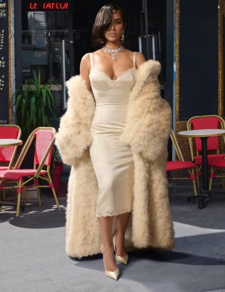 Champagne Satin Slip Dress + Plush Faux-Fur Coat + Gold Pointed Pumps