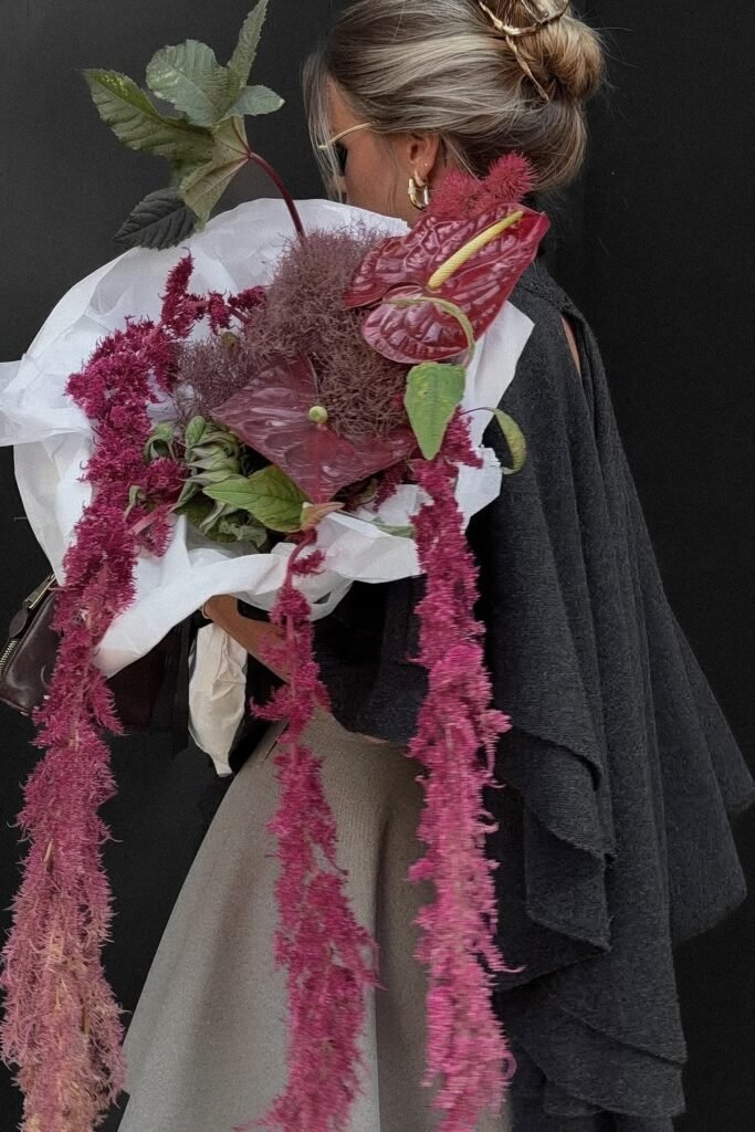 Charcoal Grey Cape + Grey Skirt + Gold Accessories + Burgundy Handbag