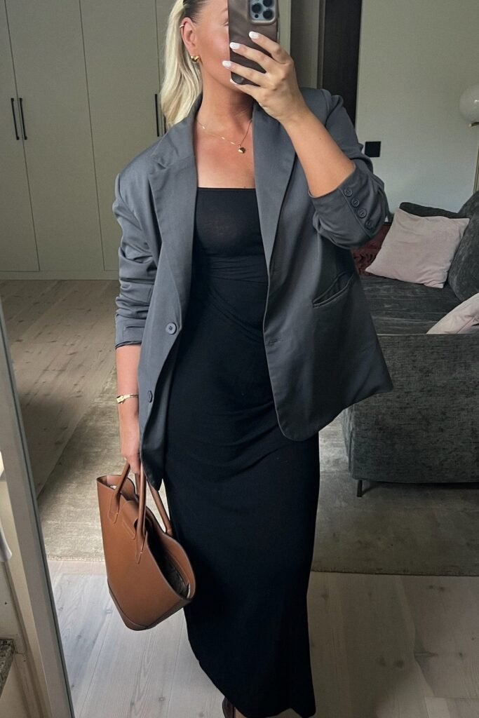 Charcoal Oversized Blazer + Black Strapless Maxi Dress + Brown Structured Tote