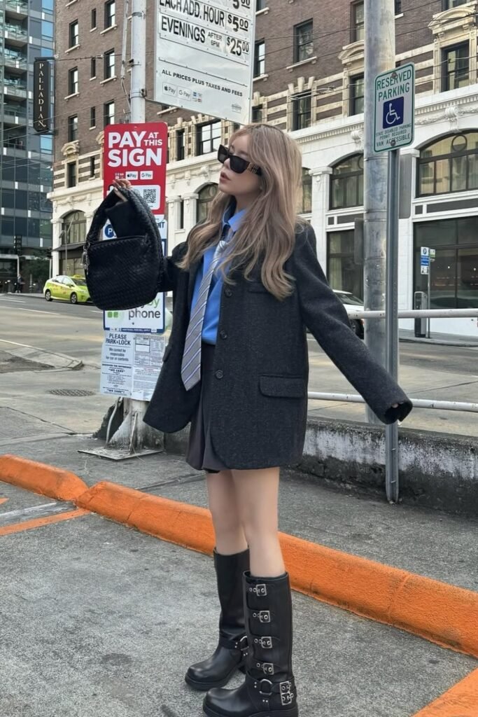 Charcoal Oversized Blazer + Blue Shirt + Grey Tie + Grey Mini Skirt + Black Knee-High Buckled Boots + Black Shoulder Bag + Sunglasses