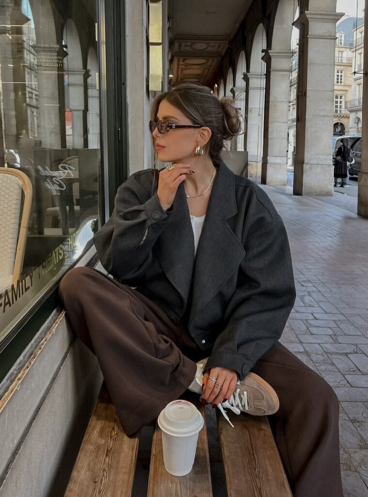 Charcoal Oversized Blazer + Brown Wide-Leg Pants + Sneakers