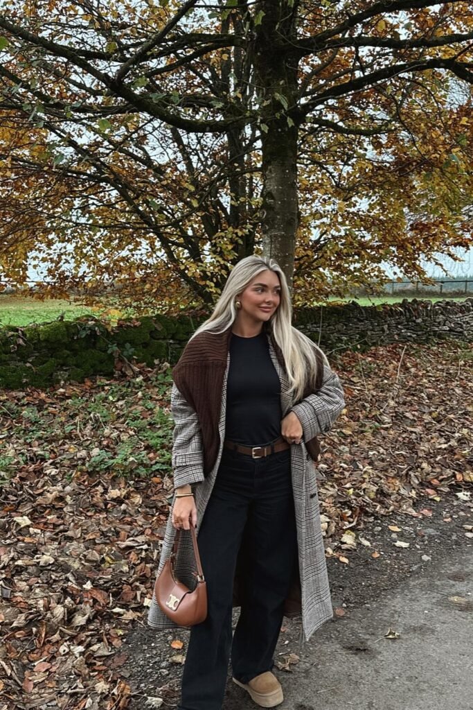 Checked Long Coat + Black Knit Top + Black Wide-Leg Jeans + Brown Knit Sweater Draped + Brown Shoulder Bag + Beige Ugg Boots