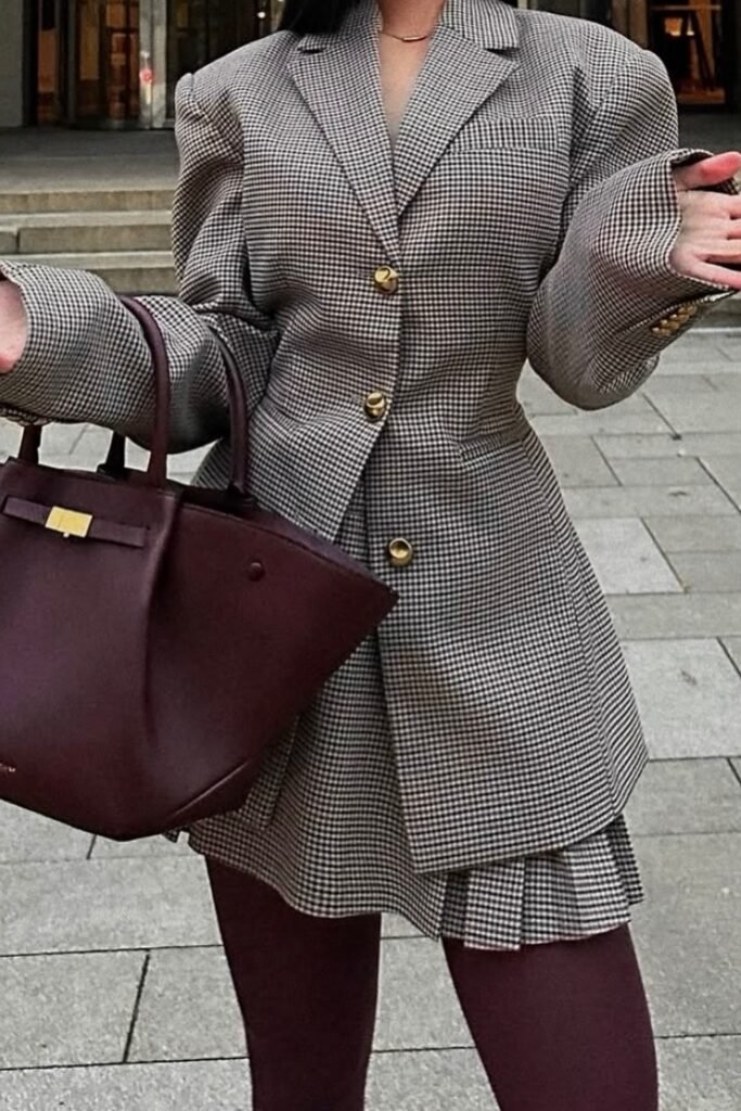 Checked Oversized Blazer Dress + Burgundy Tights + Burgundy Structured Bag