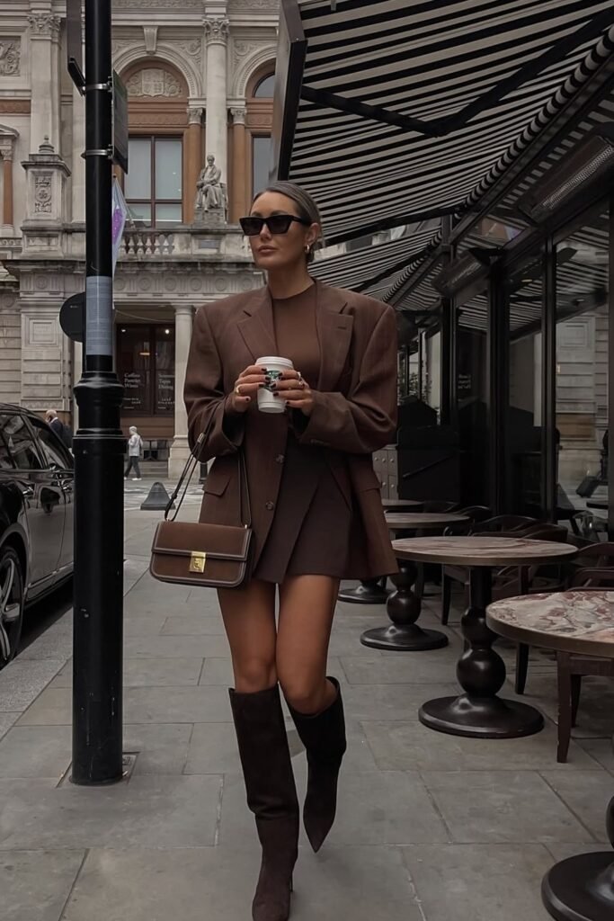 Chocolate Brown Oversized Blazer + Brown Mini Dress + Brown Knee-High Suede Boots + Brown Structured Bag