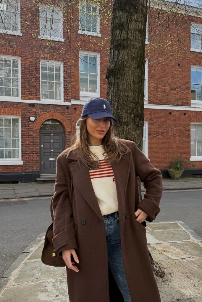 Chocolate Brown Wool Coat + Cream Flag Sweater + Dark Blue Jeans + Navy Cap + Brown Structured Handbag