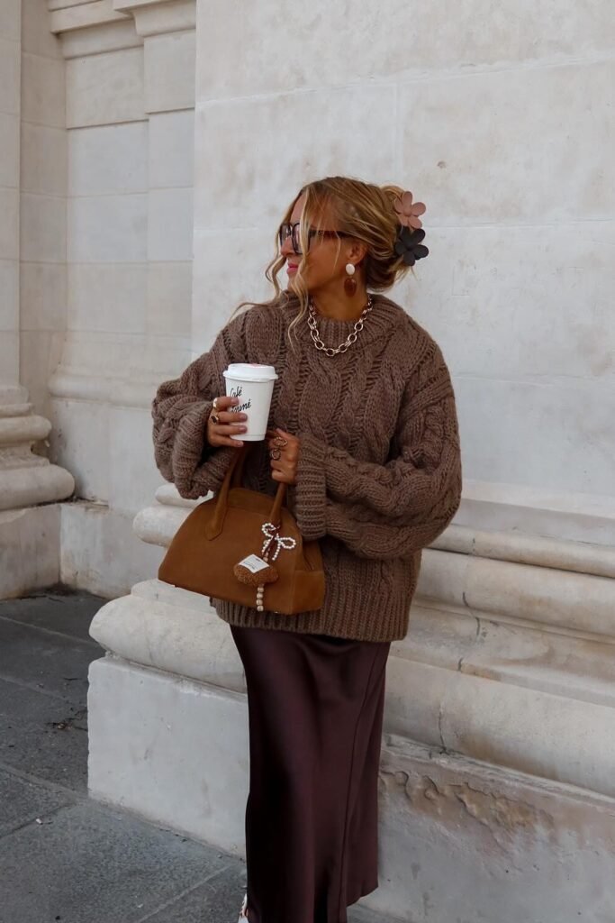 Chunky Brown Knit Sweater + Brown Satin Maxi Skirt + Brown Suede Bag + Statement Earrings