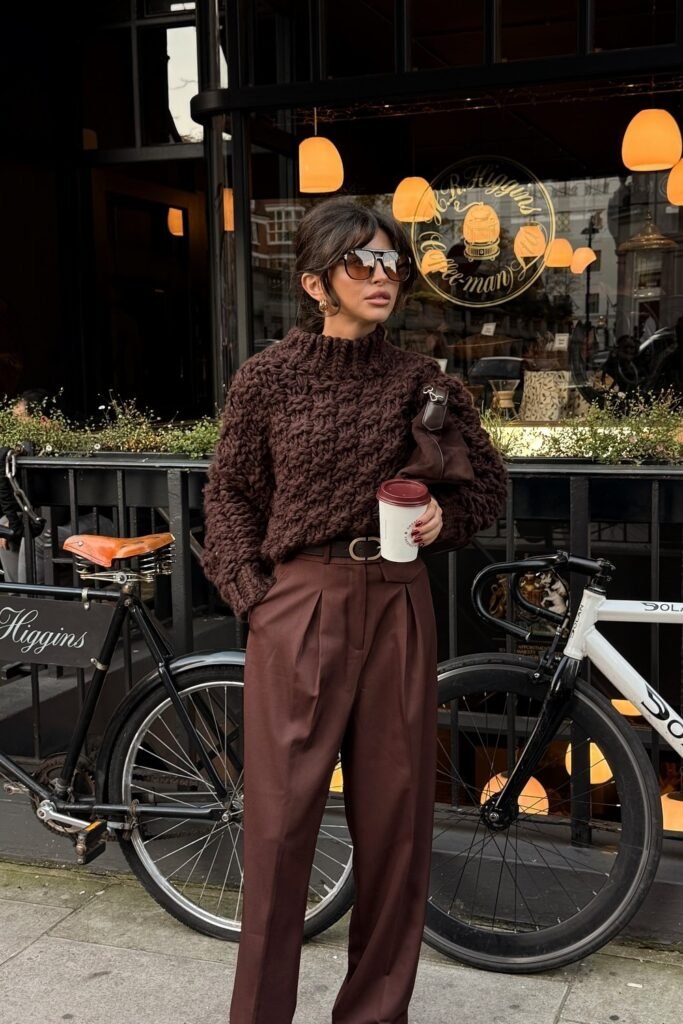 Chunky Brown Knit Sweater + High-Waist Brown Pleated Trousers + Brown Shoulder Bag + Sunglasses