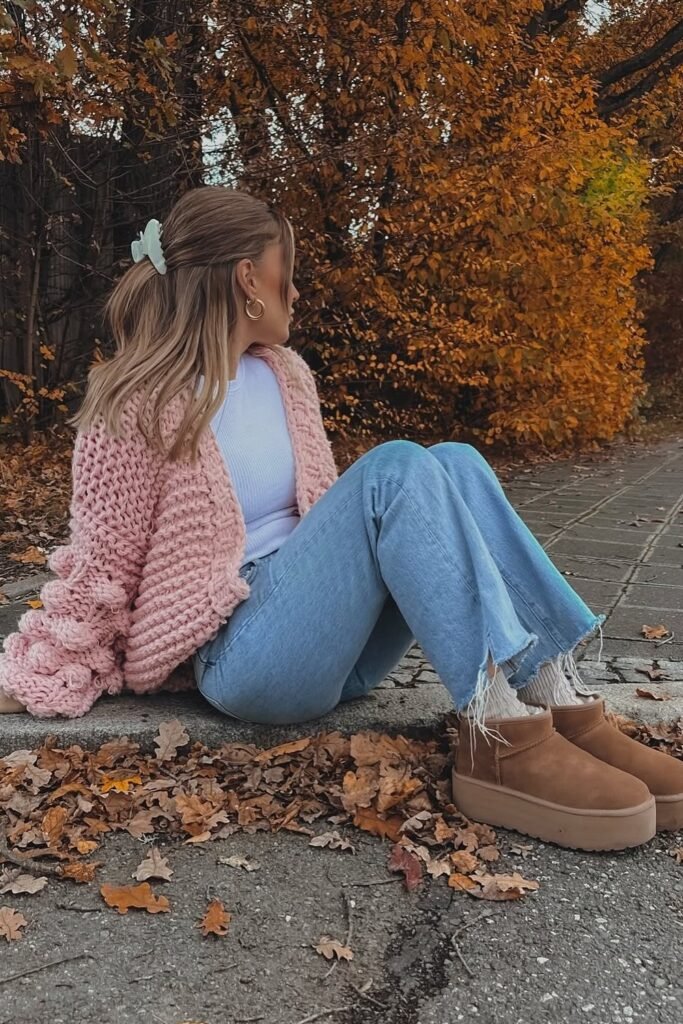 Chunky Pink Knit Cardigan + White Top + Light Blue Frayed Hem Jeans + Brown Ugg Platform Boots