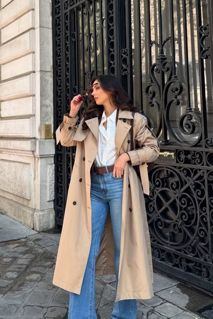 Classic Beige Trench Coat + White Button-Up Shirt + Blue Flared Jeans + Brown Belt + Oversized Sunglasses