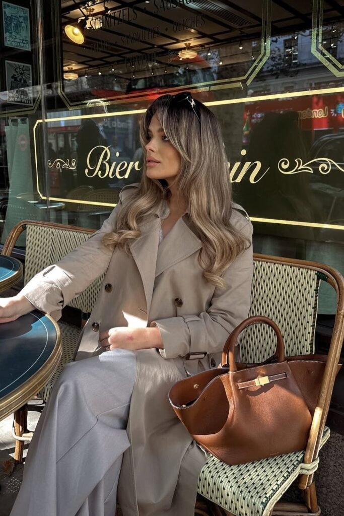 Classic Beige Trench Coat + Wide-Leg Grey Trousers + Structured Brown Leather Tote