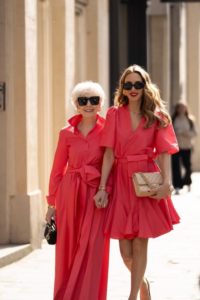 Coral Red Midi Dress with Waist Tie + Nude Heels + Black Mini Bag (paired with Coral Red Mini Dress + Nude Heels + Beige Quilted Chanel Bag)