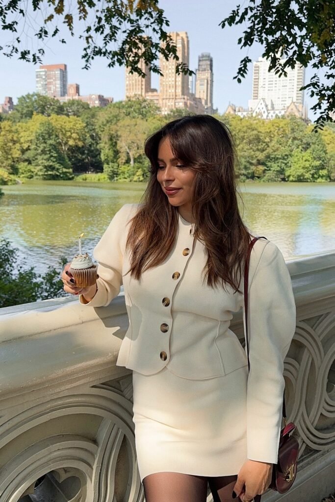 Cream Button-Up Blazer + Cream Mini Skirt + Sheer Black Tights + Burgundy Crossbody Bag