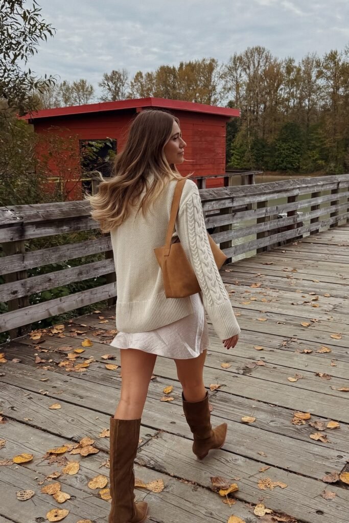 Cream Cable Knit Sweater + White Mini Dress + Brown Knee-High Suede Boots + Camel Shoulder Bag