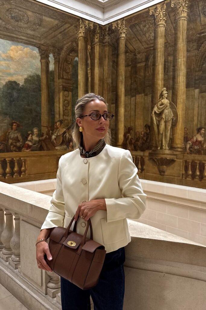 Cream Cropped Jacket + Dark Blue Jeans + Brown Leather Tote + Checked Silk Scarf + Glasses