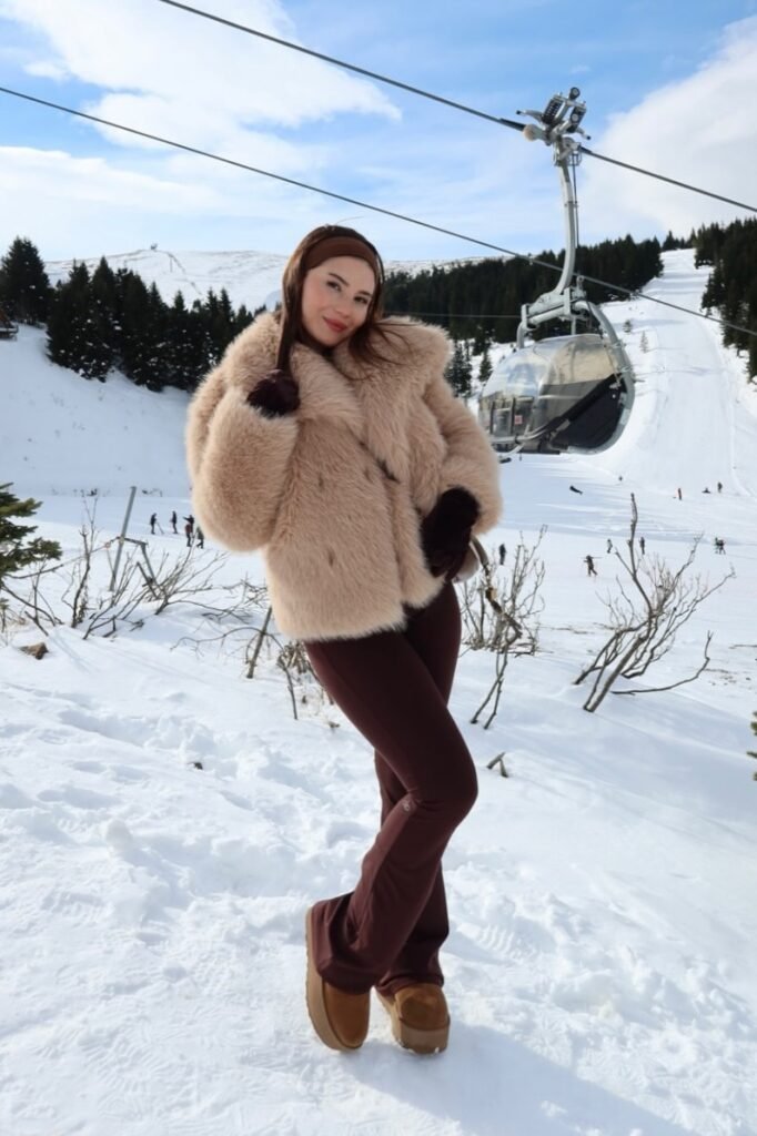 Cream Faux Fur Jacket + Chocolate Brown Flared Leggings + Tan Platform Boots