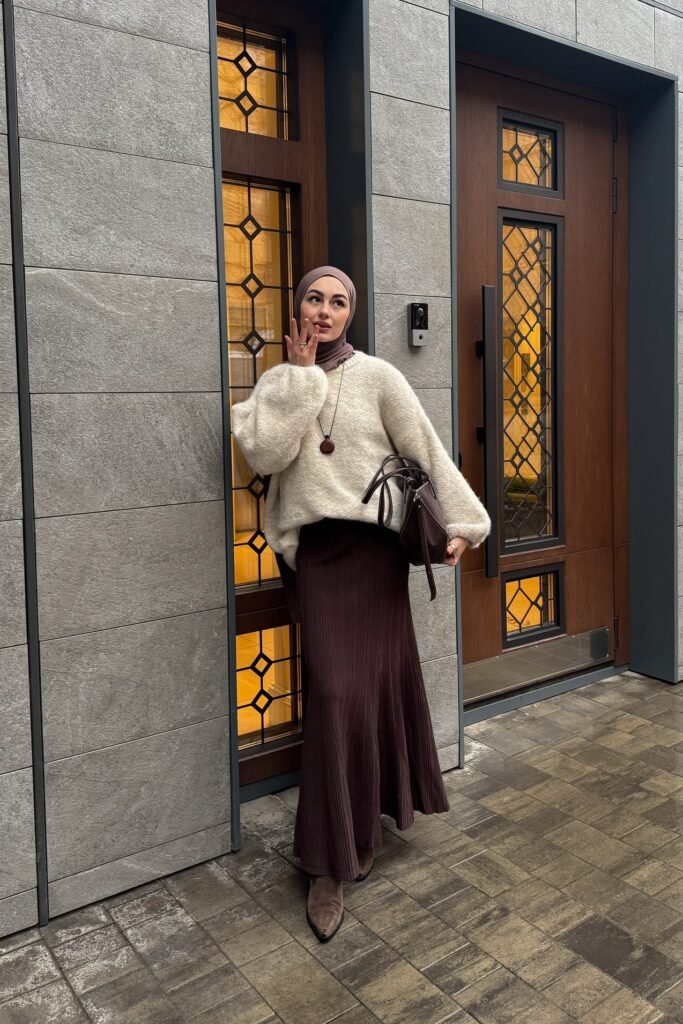 Cream Fluffy Sweater + Brown Ribbed Maxi Skirt + Brown Suede Boots