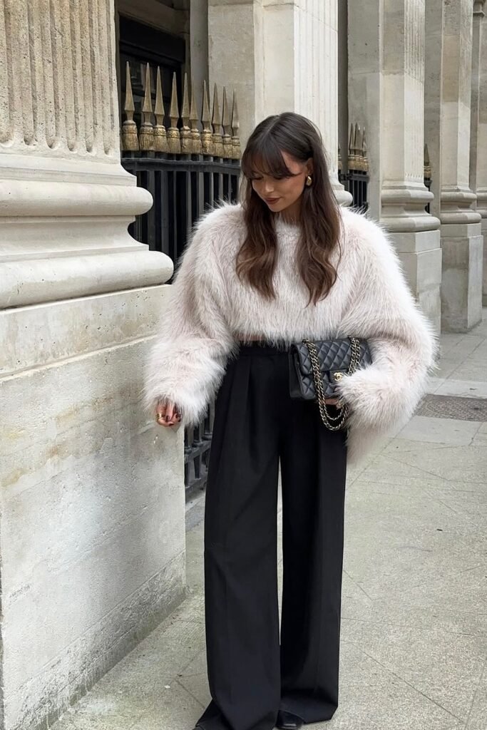 Cream Fuzzy Sweater + Wide-Leg Black Trousers + Black Quilted Bag