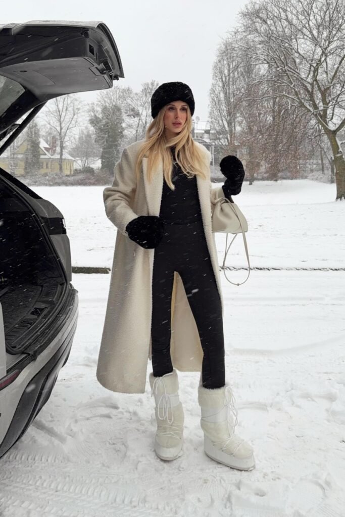 Cream Long Teddy Coat + Black Turtleneck & Leggings + White Fur Trimmed Moon Boots