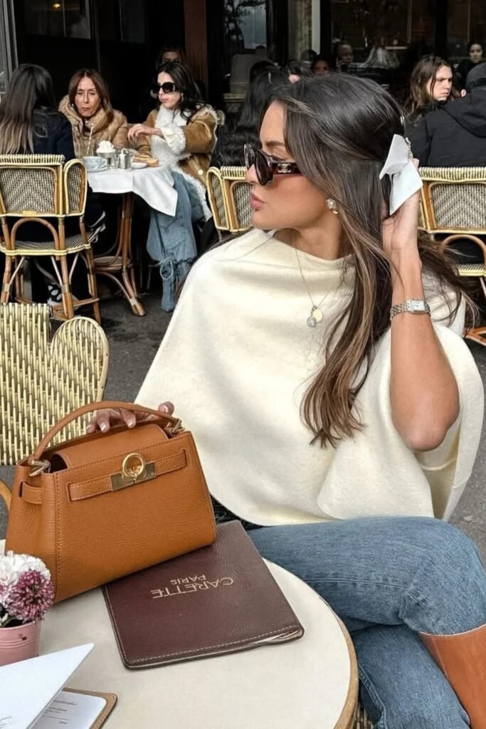 Cream Poncho Sweater + Blue Jeans + Brown Leather Bag + Sunglasses