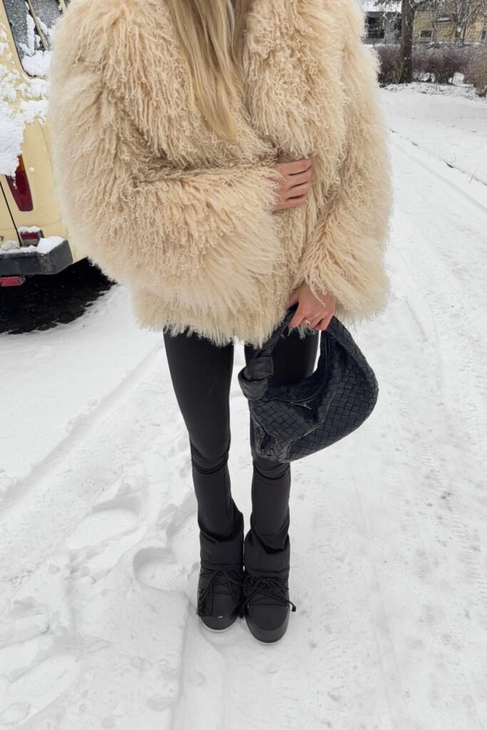 Cream Shaggy Faux Fur Coat + Black Slim Fit Trousers + Black Moon Boots
