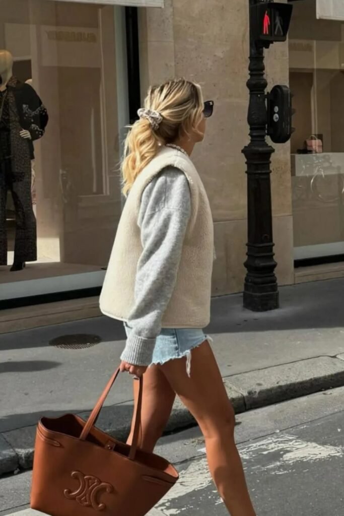 Cream Shearling Vest + Grey Sweatshirt + Denim Shorts + Brown Tote Bag