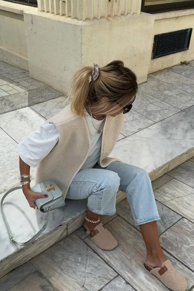 Cream Shearling Vest + White T-Shirt + Light Wash Jeans + Beige Slip-On Mules + Grey Crossbody Bag