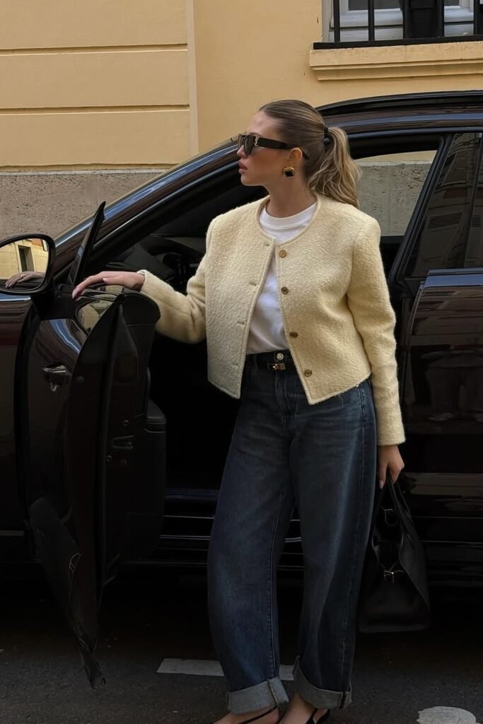 Cream Textured Jacket + White T-Shirt + Rolled-Up Jeans + Black Bag