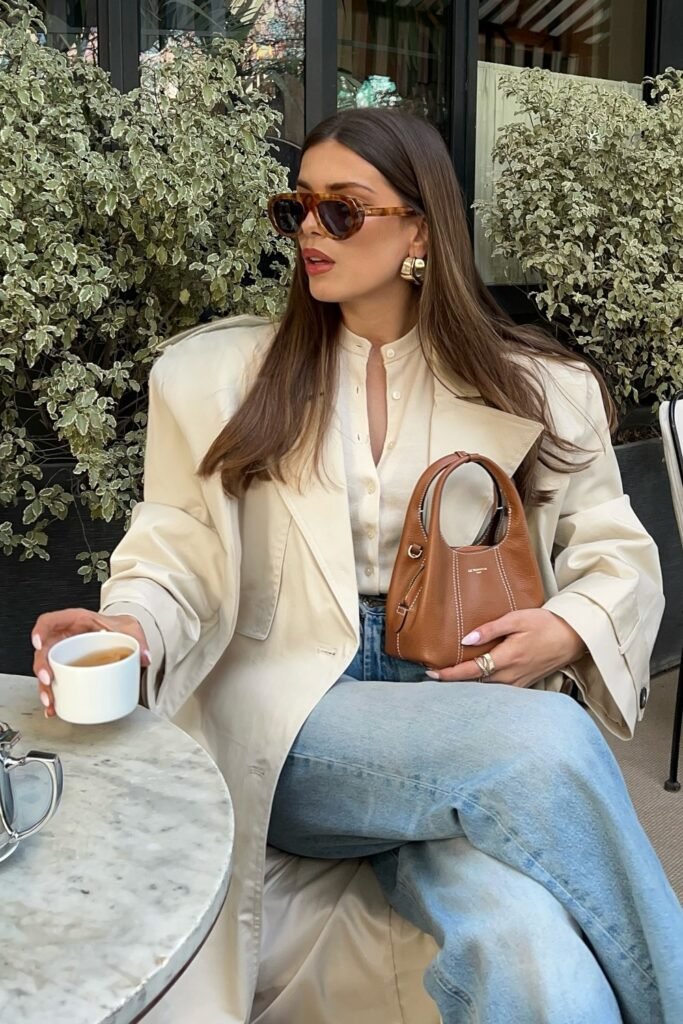 Camel Trench Coat + White Shirt + Brown Belt + Black Pants + Black Handbag