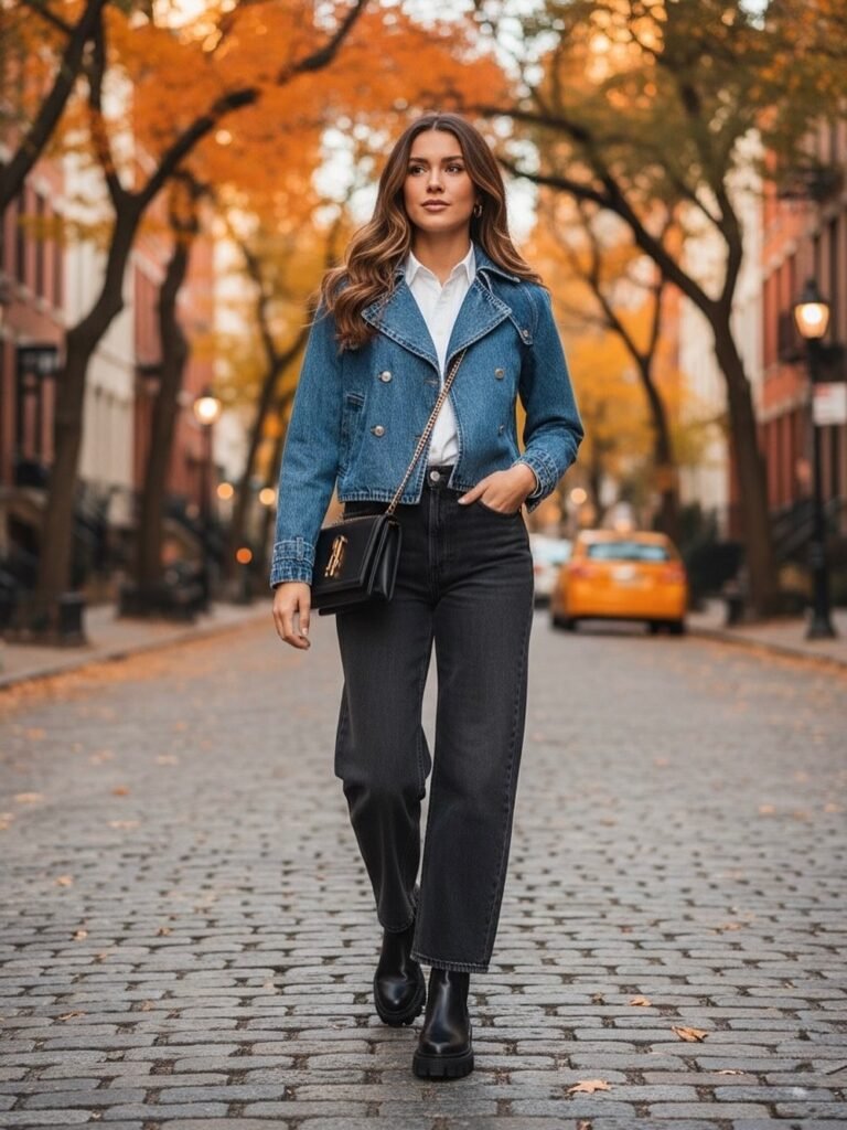 Cropped Denim Jacket + White Button-Up Shirt + Black Wide-Leg Jeans + Black Chelsea Boots + Black Structured Bag