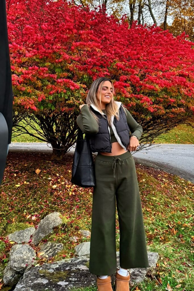 Cropped Puffer Vest + Olive Green Wide-Leg Joggers + Olive Green Long-Sleeve Top + Shearling Ankle Boots + Black Tote Bag