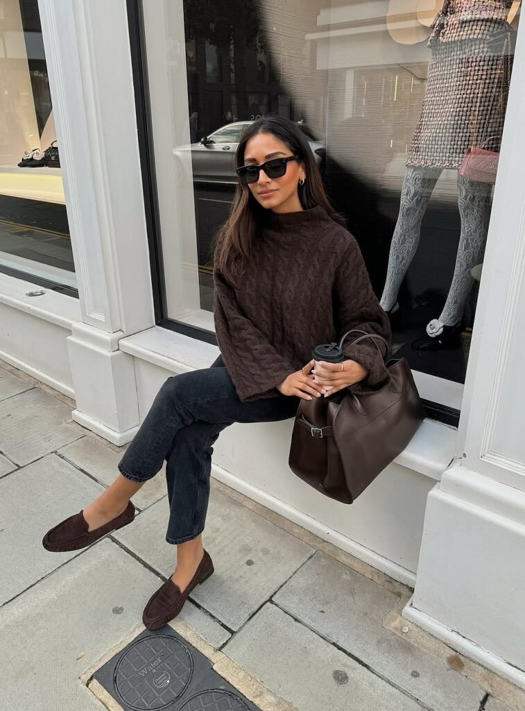 Dark Brown Cable Knit Sweater + Black Straight Jeans + Brown Suede Loafers + Dark Brown Oversized Tote