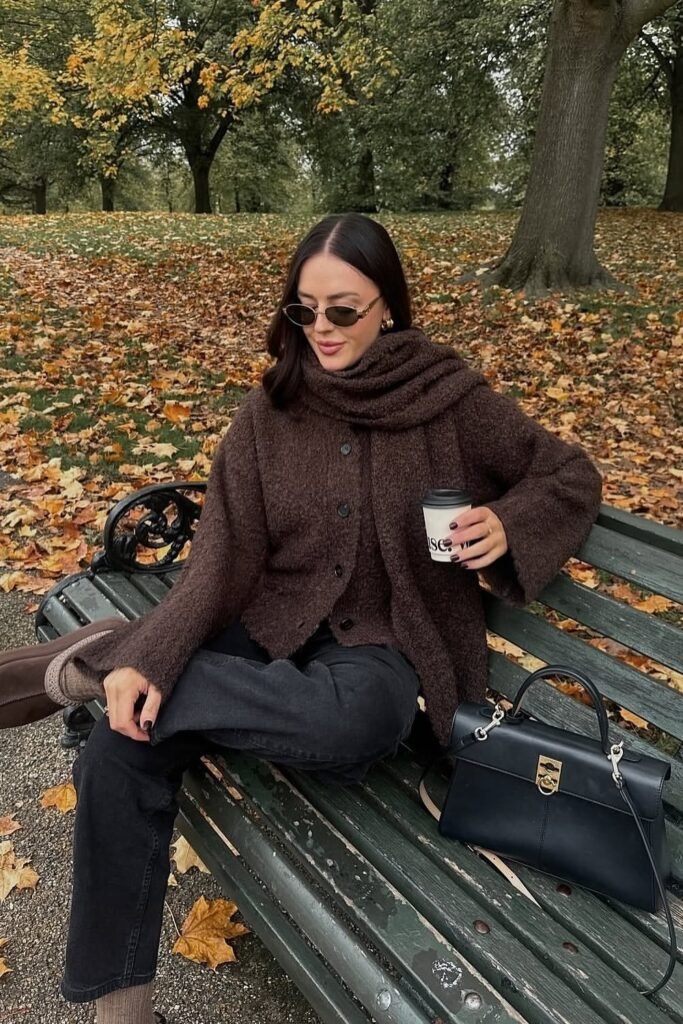 Dark Brown Cardigan + Dark Scarf + Black Jeans + Brown Slippers + Black Structured Bag + Sunglasses