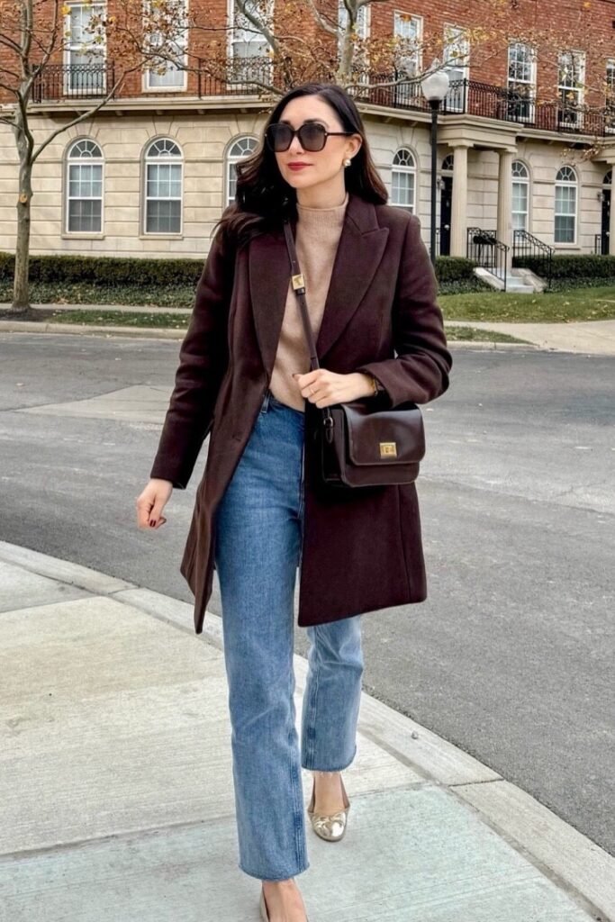 Dark Brown Coat + Beige Sweater + Blue Straight Jeans + Gold-Toe Flats + Brown Crossbody Bag