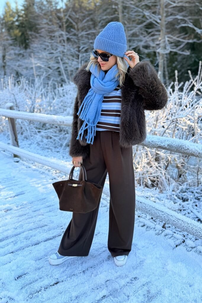 Dark Brown Faux Fur Coat + Blue Striped Sweater + Brown Trousers