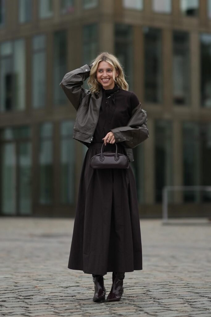 Dark Brown Leather Bomber Jacket + Chocolate Brown Maxi Dress + Dark Brown Pointed-Toe Boots