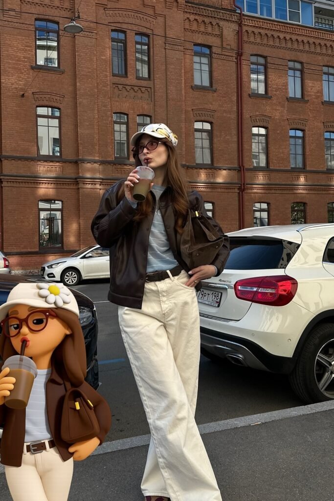 Dark Brown Leather Jacket + Light Blue Top + White Wide-Leg Jeans + Brown Shoulder Bag + Patterned White Cap + Sunglasses