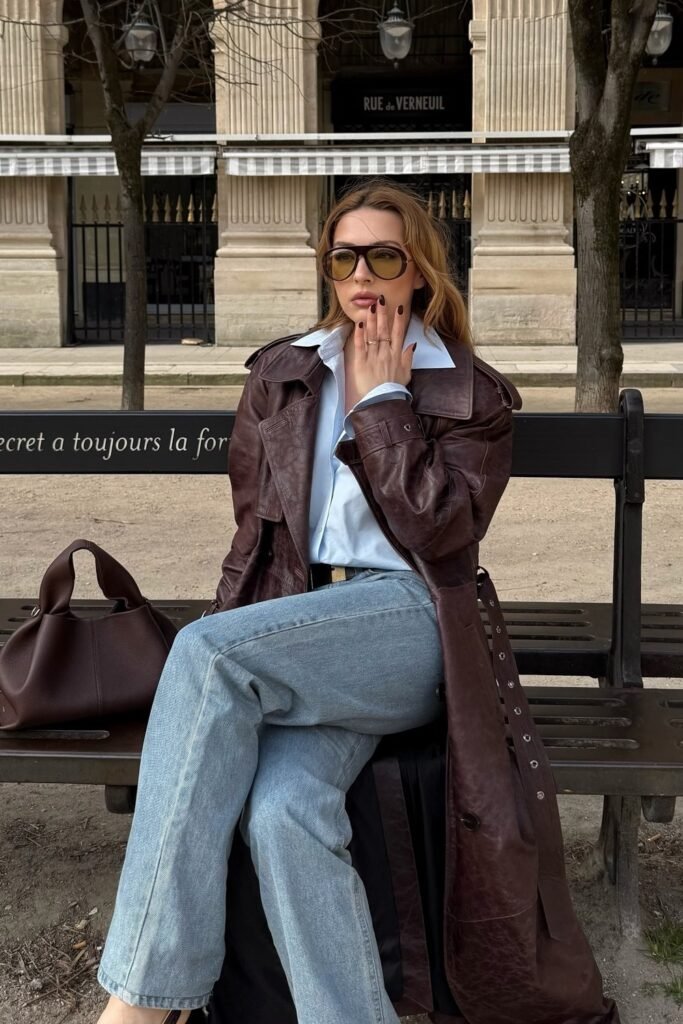 Dark Brown Leather Trench Coat + Light Blue Button-Up Shirt + Light Blue Wide-Leg Jeans + Dark Brown Tote Bag + Oversized Amber Sunglasses