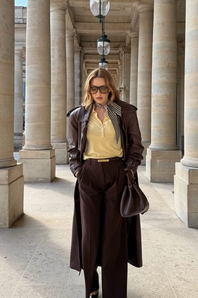 Dark Brown Leather Trench Coat + Yellow Knit Polo + High-Waisted Brown Trousers + Burgundy Slouchy Tote Bag + Striped Neck Scarf + Oversized Sunglasses