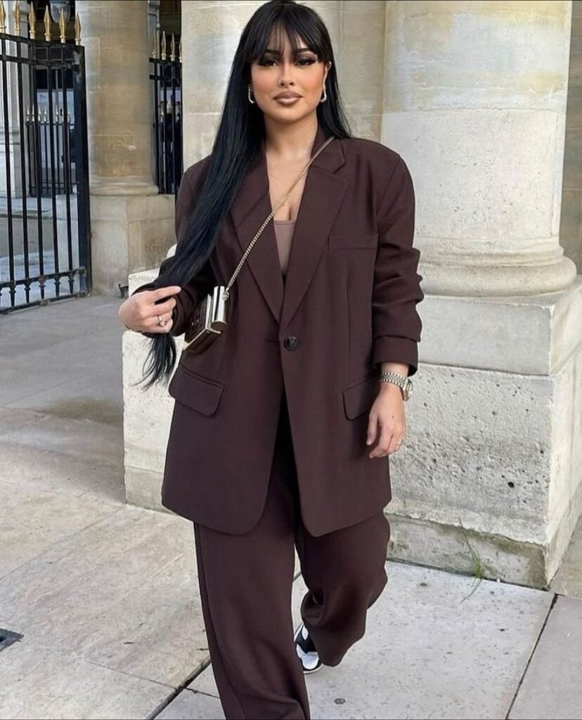 Dark Brown Oversized Suit + Brown Top + Wide-Leg Trousers + Mini Metallic Crossbody Bag