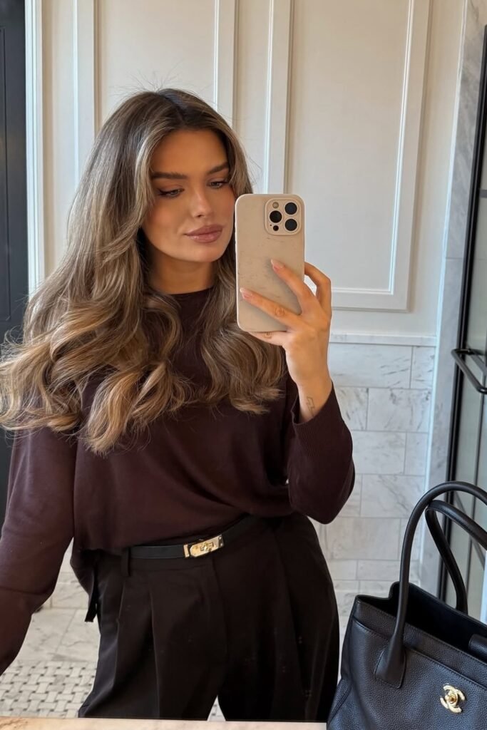 Dark Brown Sweater + Black Wide Pants + Black Hermès Tote Bag